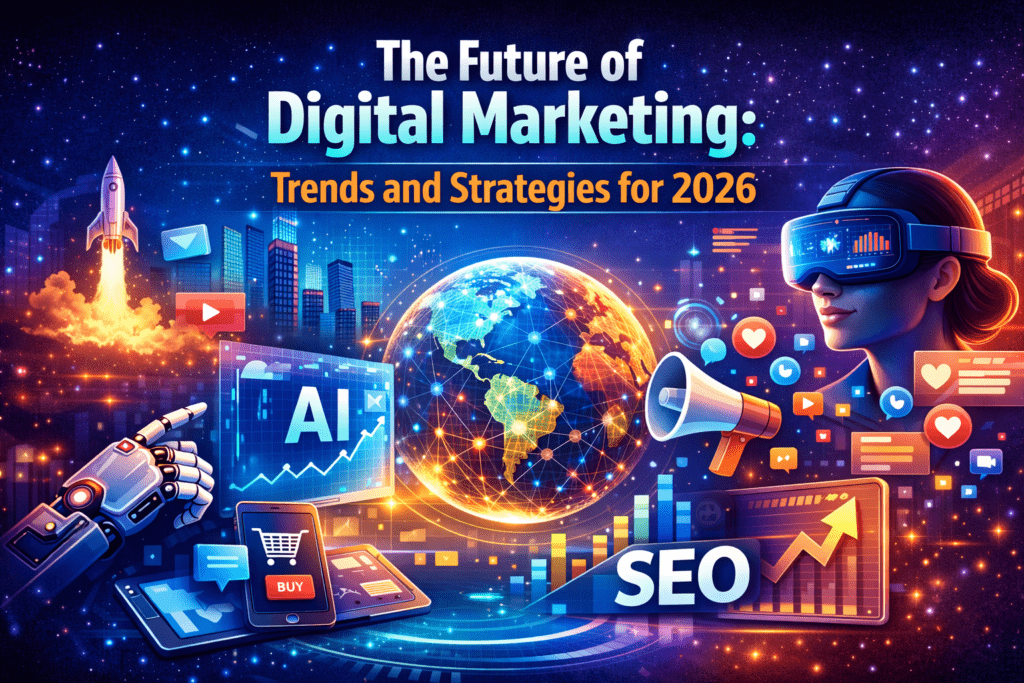 The future of digital marketing illustrated with AI, SEO, social media, and global digital trends for 2026