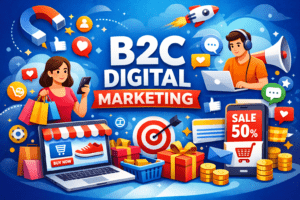 B2C digital marketing illustration featuring online shopping, e-commerce website, mobile sales promotion, customer engagement, and digital advertising concepts.